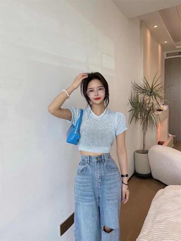[so] Korean version pure desire for style, open back lace up knitted short sleeve T-shirt 520# PCZ