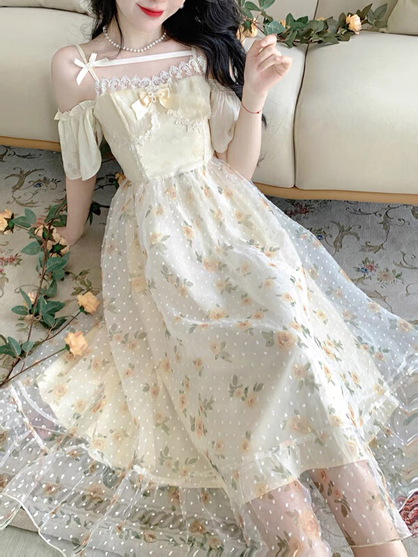 【JUN.T】 印花蕾絲露肩溫柔吊帶連衣裙  6047#  PCZ