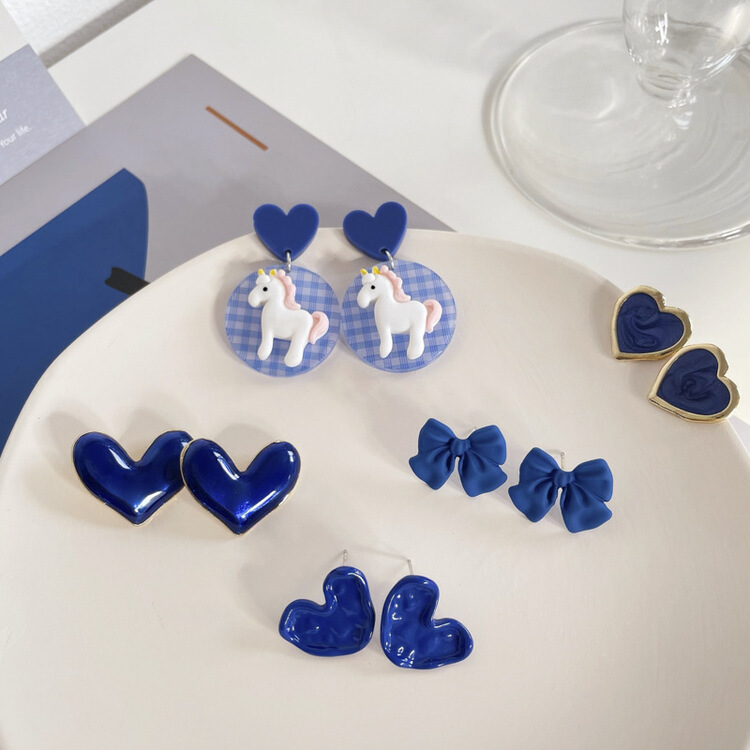 [inside] Korean version Klein Blue Love pony fashion personality versatile Earrings ez-1709# zxl