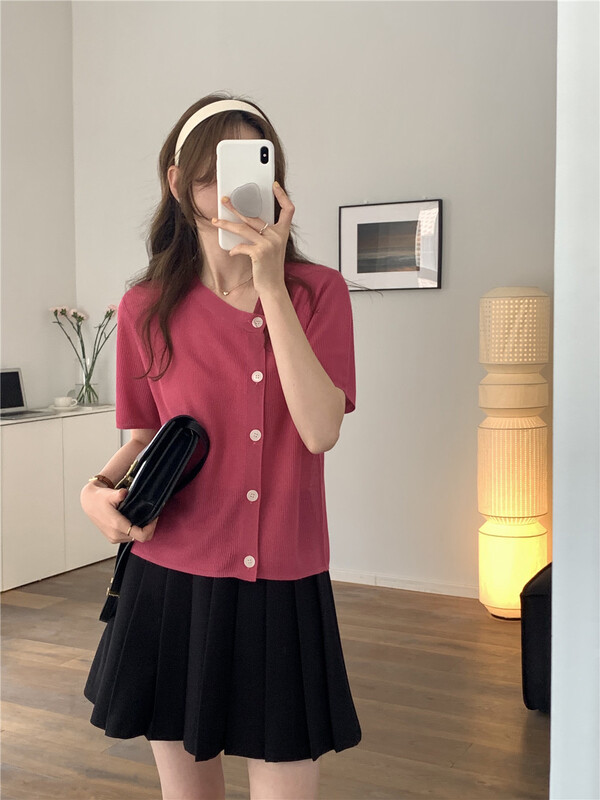 [T.G] simple and irregular slim fitting short sleeved knitted cardigan 17206# cqw