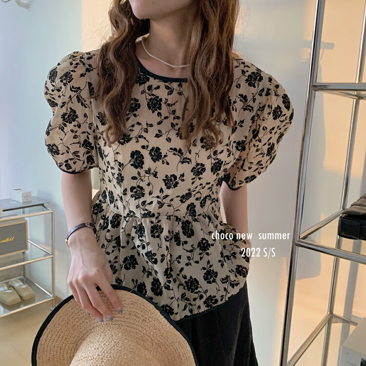 [choco] Korean flocking Floral Print Blouse 8265# HBx