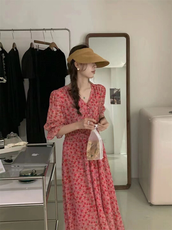 [buyer Yan Xuan youu] Korean broken flower waist closing bubble sleeve V-neck dress s0170# Cl