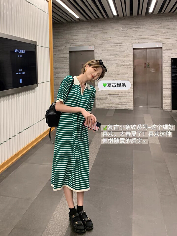 New in early summer! [Kiki studio] Korean loose casual knitted striped dress 5760# hjy