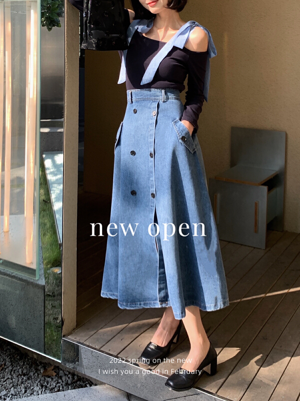 New year in early spring! [new open] high waist double breasted denim skirt kq22119# zxl