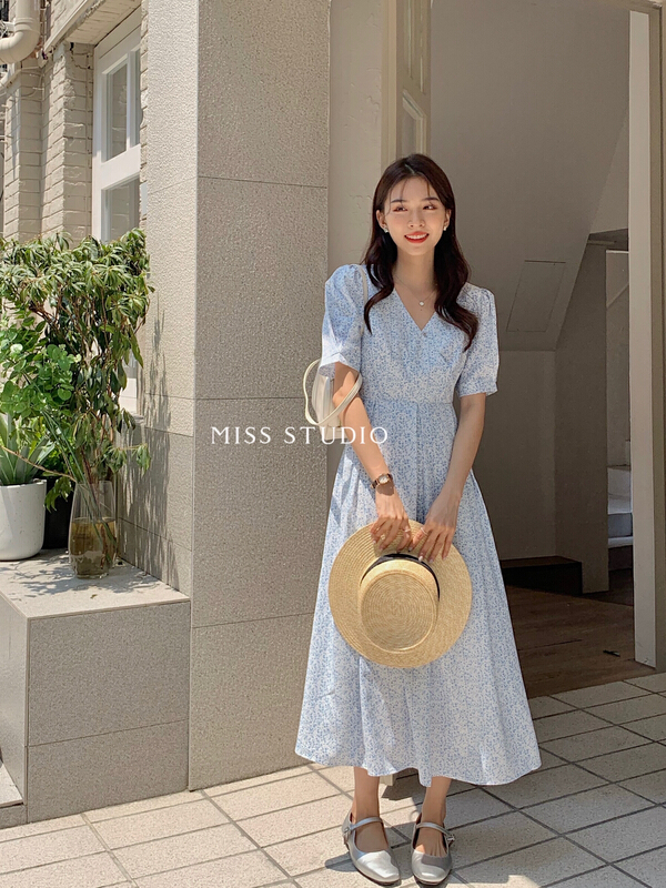 New in early summer! [miss miss miss home] waist pleated floral bandage dress l6616# zjy