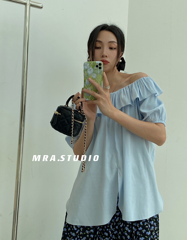 Original price 77.83! New in early summer! [MRA] Korean style small fresh one line shoulder lotus leaf collar loose shirt xt5061# zxl