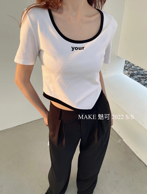 [make Meike] irregular oblique hem round neck versatile short sleeve T-shirt 8640# XJ