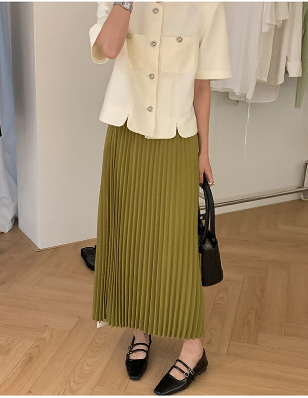 [the mind] Korean style rubber band waist solid pleated skirt 60202# XYJ
