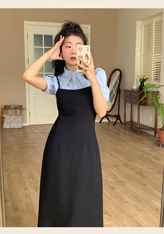 New in early summer! [L.L studio] Vintage bubble sleeve shirt + suspender dress set 7568# PCZ