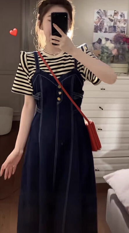 [jun.t] French Striped Top + Hepburn slim denim suspender skirt suit 5713# PCZ