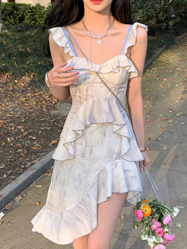 [L.L studio] small fresh irregular Ruffle lace dress 5113# PCZ