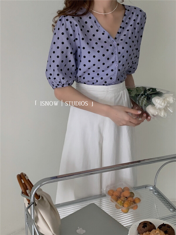 New in early summer! [I snow] lady temperament V-neck wave point blouse 222320# WPL