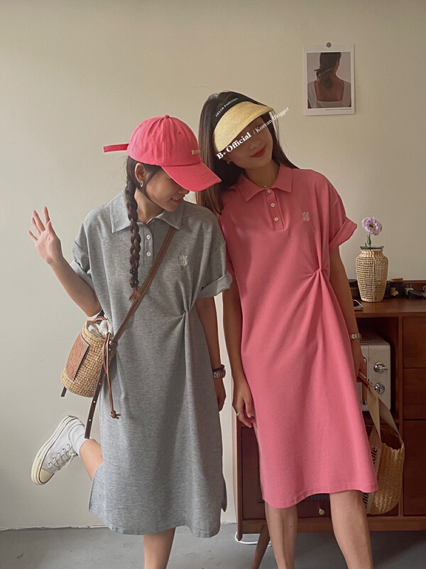 初夏上新!【B加】簡約扭潔慵懶刺繡polo領連衣裙  22-9233-2#  HBX