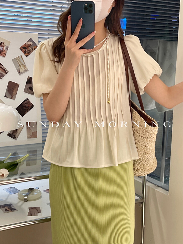 [Sunday morning] Korean version bubble sleeve crimping design sweet little shirt 9104# zjy