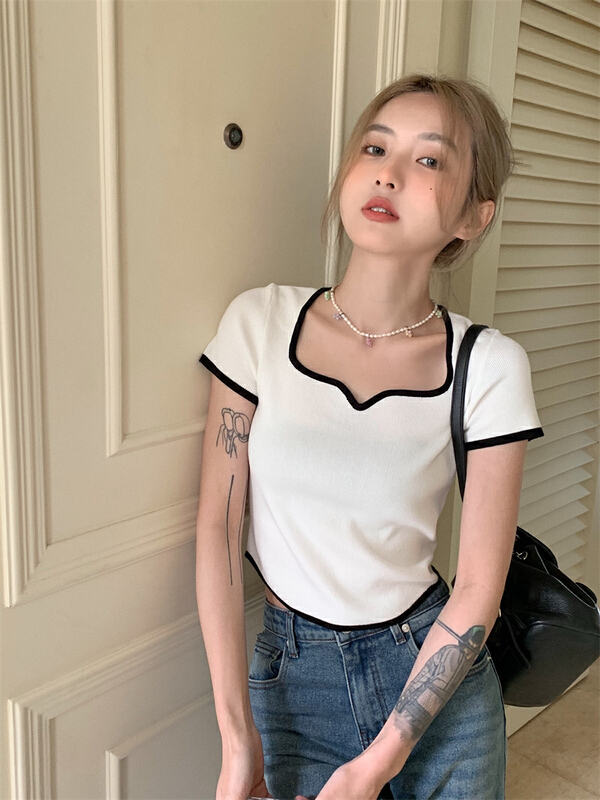 [yes] design sense small crowd irregular square collar color contrast shirt 55011# ozq