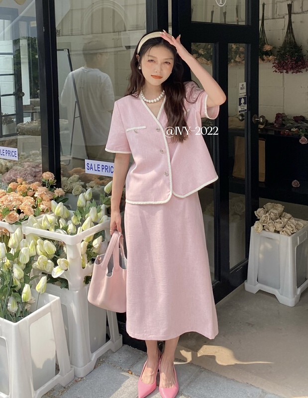 Original price 153.28! New in early summer! [Ivy] temperament small fragrance V-neck short sleeve jacket + versatile slit skirt suit 88153# XJ