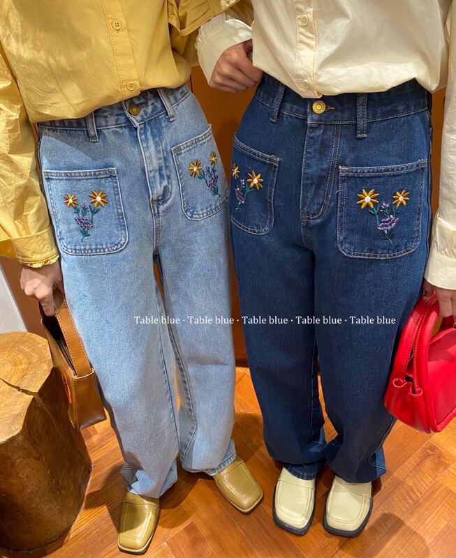 New year in early spring! [table blue] Korean pocket Embroidered Vintage Straight Jeans 2087# LSW