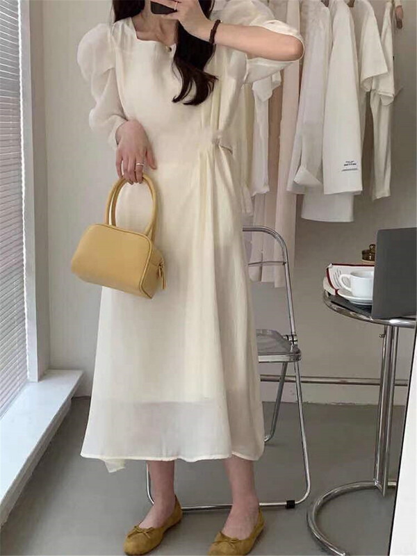 [Xiangli] lady square neck bubble sleeve waist closing dress 8817# PCZ