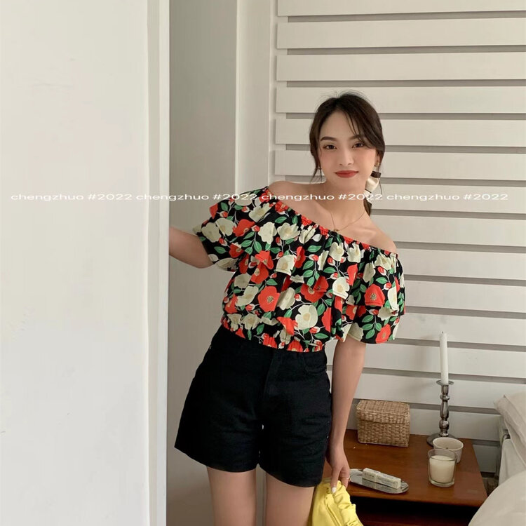 [Xiaomi] small fresh broken flower shirt with one shoulder x81157# ll