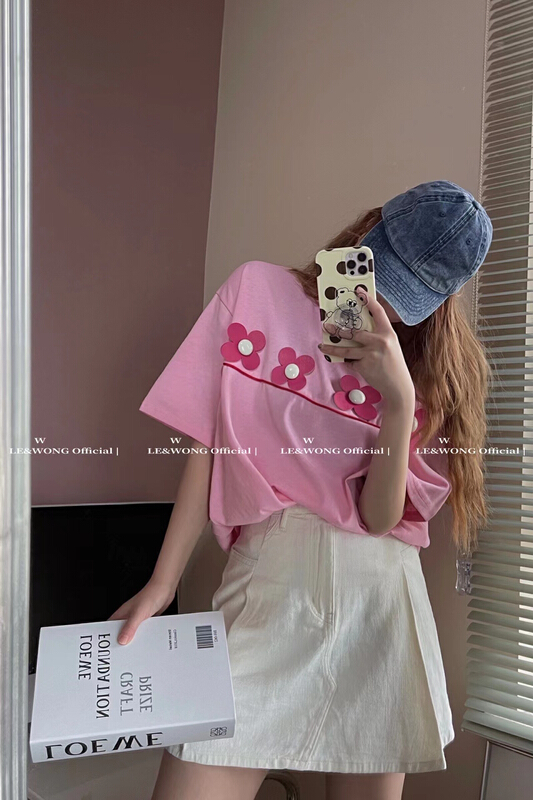 [le & Wong] Korean loose four double-layer three-dimensional flower short sleeved T-shirt (flowers cannot be removed) 8828# WTT