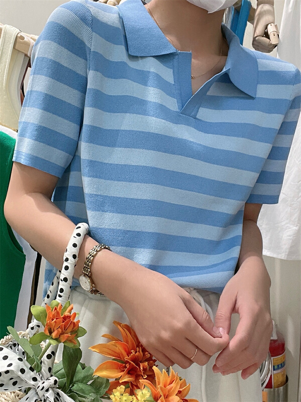 New in early summer! [Weika] Korean Polo neck stripe contrast short sleeve T-shirt 8057# lwy