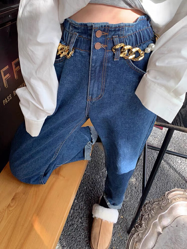 goods in stock! New year in early spring! [savage] Korean version of western style elastic waist radish jeans (with chain) e5933# jhy