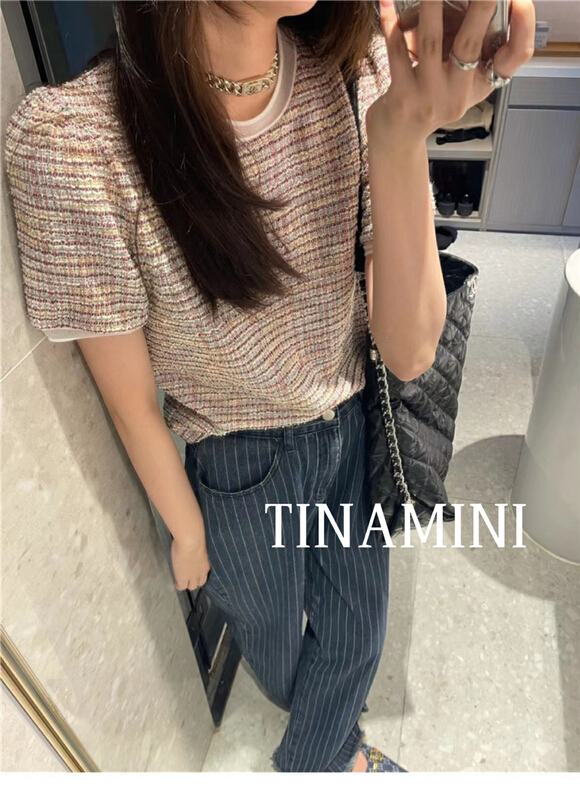 New in early summer! [Tina Mini] temperament small fragrance Round Neck Shirt 0118# hjy