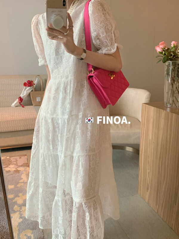[finoa] Korean lace hook flower bubble sleeve dress 10439# CLS