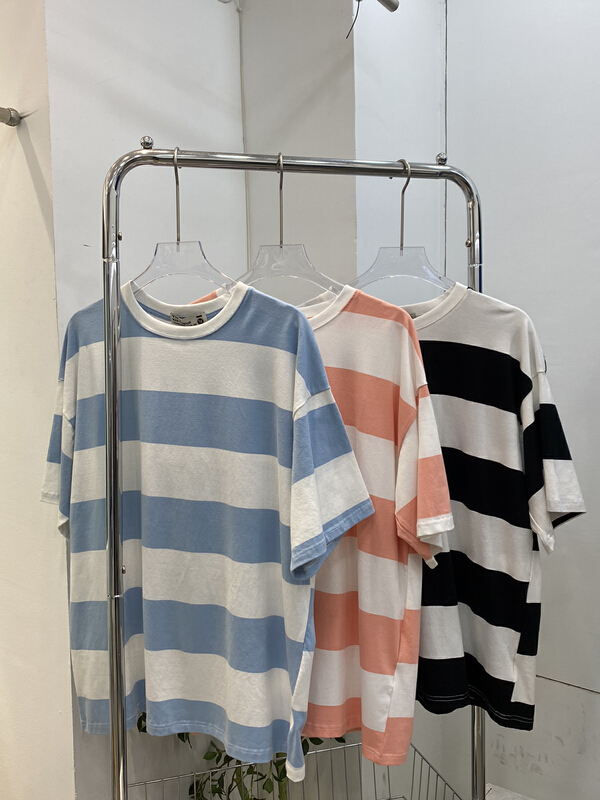 [vipman] striped crew neck versatile short sleeve T-shirt v619# ZZL