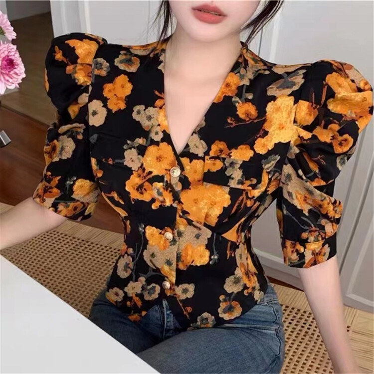 New in early summer! [N21] Vintage elegant bubble sleeve printed blouse 1016# WPL