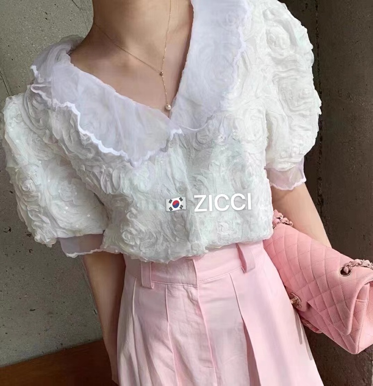 [zicci] French style lotus leaf collar bubble sleeve blouse (custom fabric) 106665# lwy