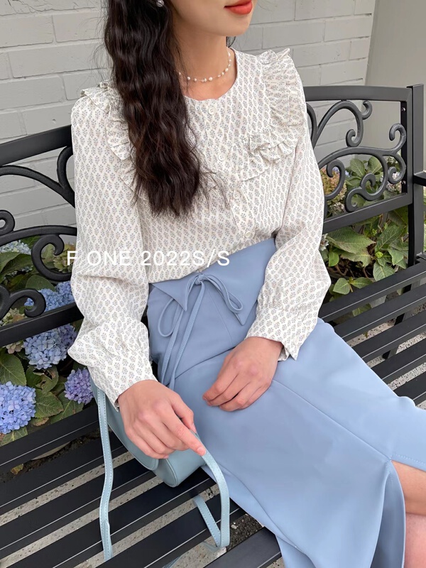 New year in early spring! [f one] French floral Ruffle Round Neck Shirt 56070# WPL