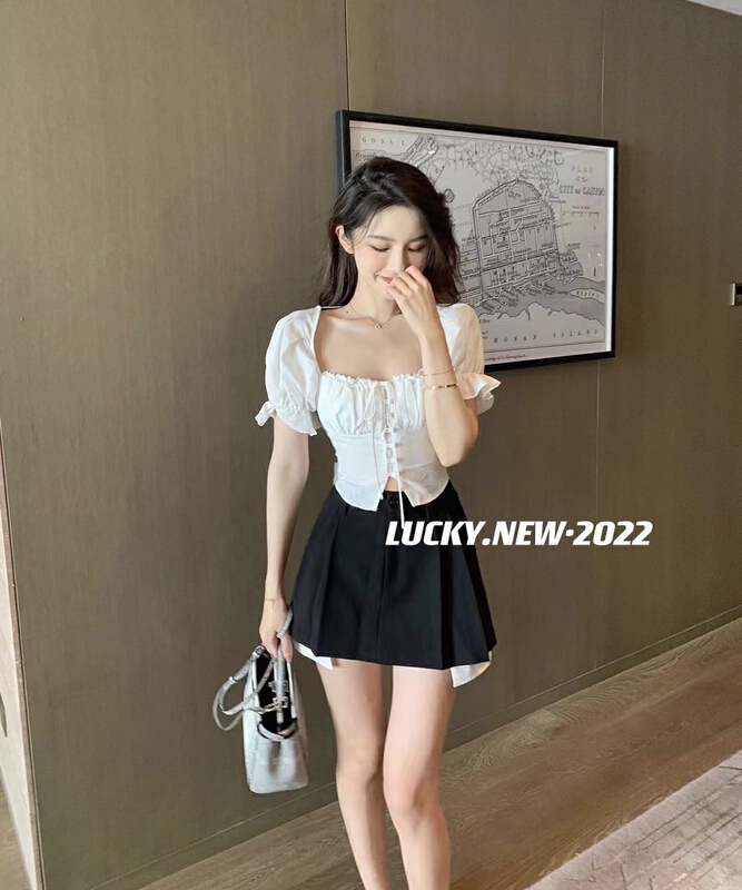 [lucky] French style square neck open back bandage shirt 8816-1# zxx