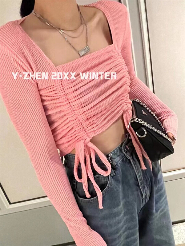 goods in stock! 【 LML 】 Korean version square neck drawstring strap slim fitting shirt 72252# ozq