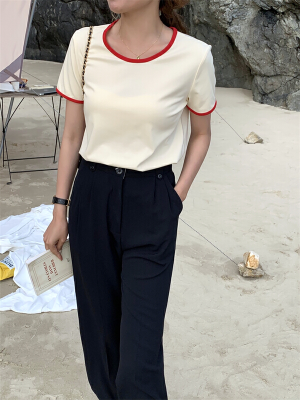 goods in stock! [about me] contrast round neck Pullover short sleeve T-shirt 212012# cqw