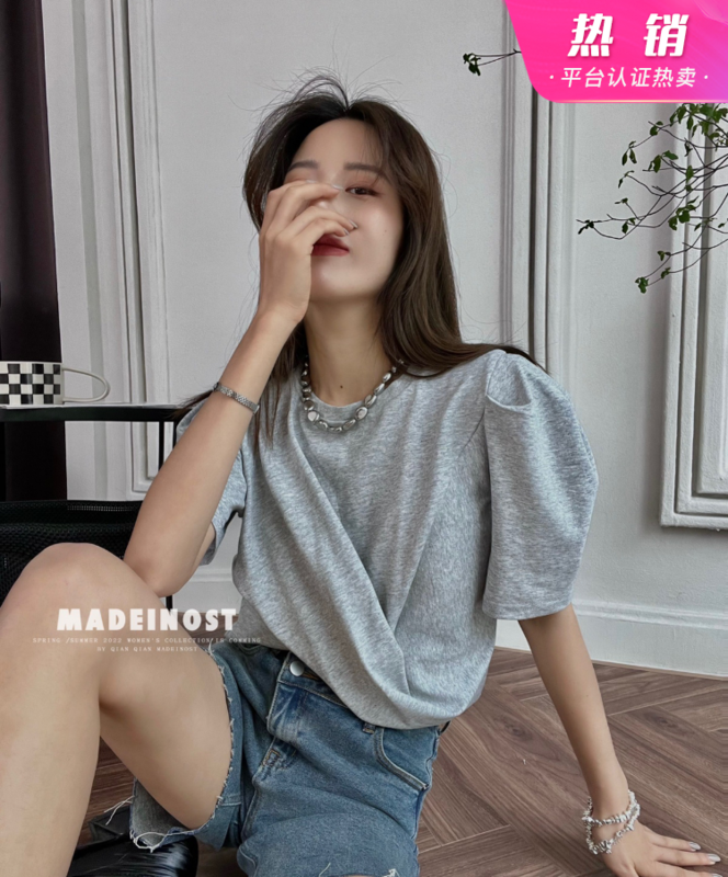 [OSHA madeinost] design bubble sleeve high waist short sleeve T-shirt 86310# ll