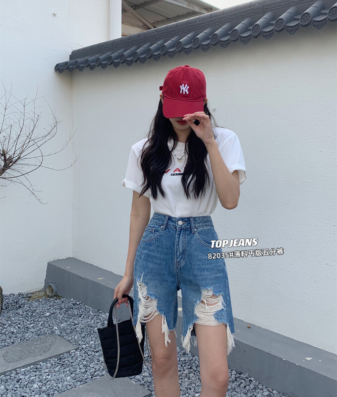 [top] vintage, slim and perforated five point denim shorts 82035# XJ