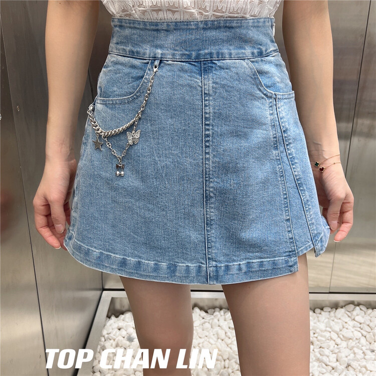 [top Chan Lin] Korean casual denim skirt pants (with chain) 95172# cqw