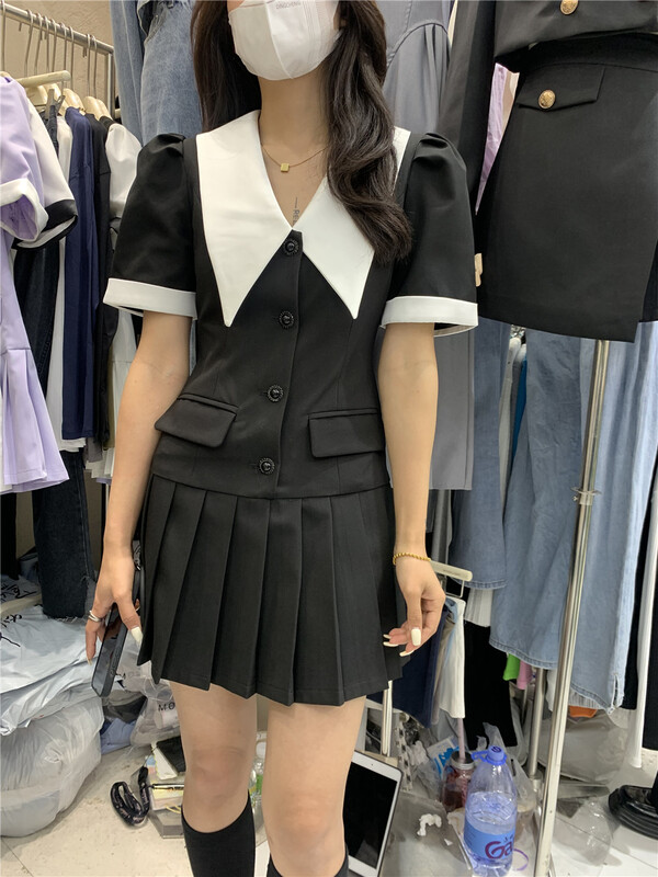 [moonlight] Korean color blocking design Pleated Dress 0226# cqw
