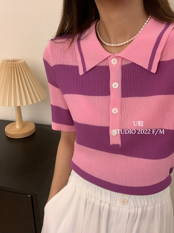 [U grain] dongdamen new splicing stripe polo collar sweater 55020# HBx