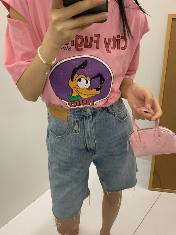 [meet + studio] crew neck print off shoulder short sleeve T-shirt 57879# LSL
