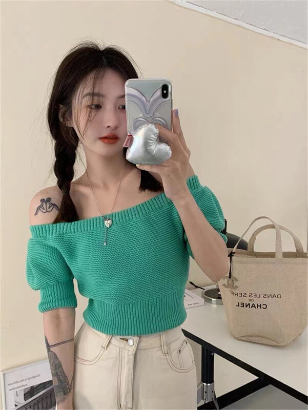 [Linna] one shoulder short contrast shirt 82790# zxx