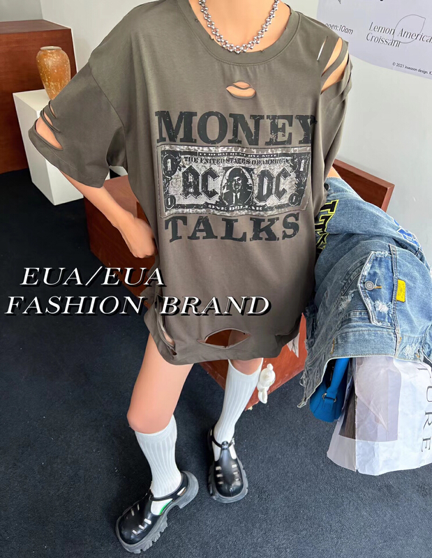 [EUA European and American trend] design sense hole round neck letter print short sleeve T-shirt 12268# XYY