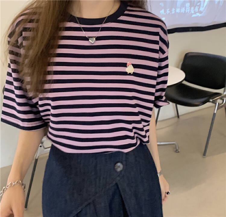 [ange run] crew neck stripe versatile short sleeve T-shirt 617# zjy