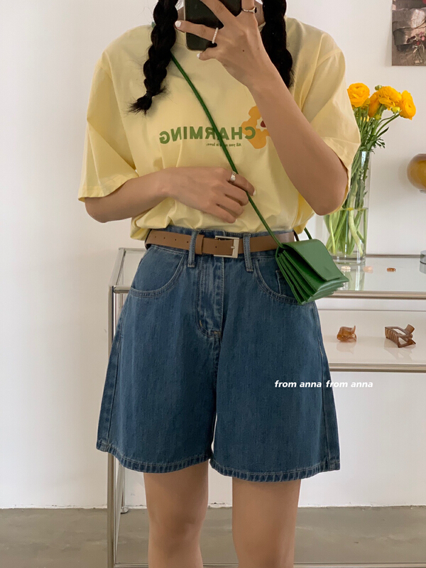 [from Anna] Korean simple and versatile loose denim shorts (with belt) 2128# LSW