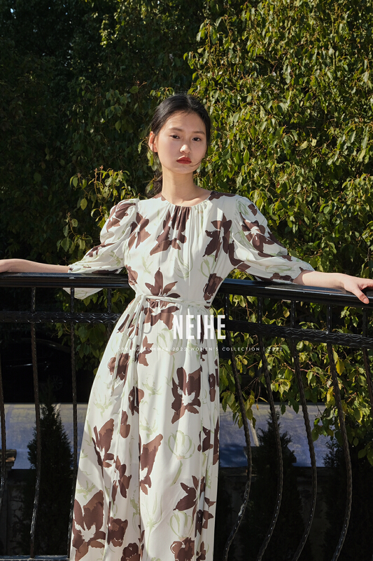 New year in early spring! [neihe] crew neck print lace up waist dress (with waist rope) 22083# zxx