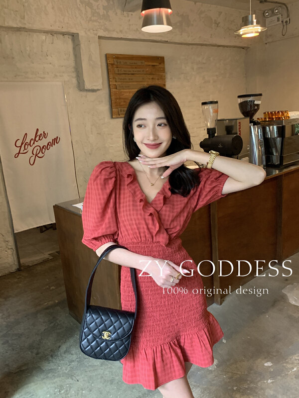 【 ZY 】 temperament lattice slim fit bubble sleeve dress 68272-1# ozq