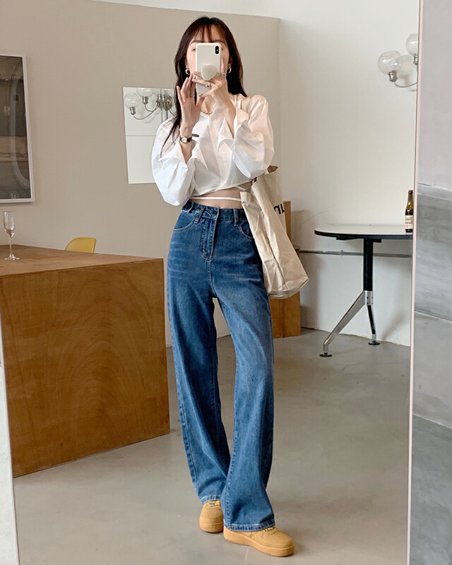 goods in stock! New year in early spring! [timely rain] Han Feng ins retro versatile high waist straight tube loose adjustable skinny jeans b2900# jhy