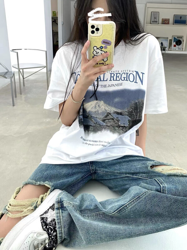 New in early summer! [lab eeda] Vintage Fujiyama printed Casual Short Sleeve T-shirt 2967# ozq