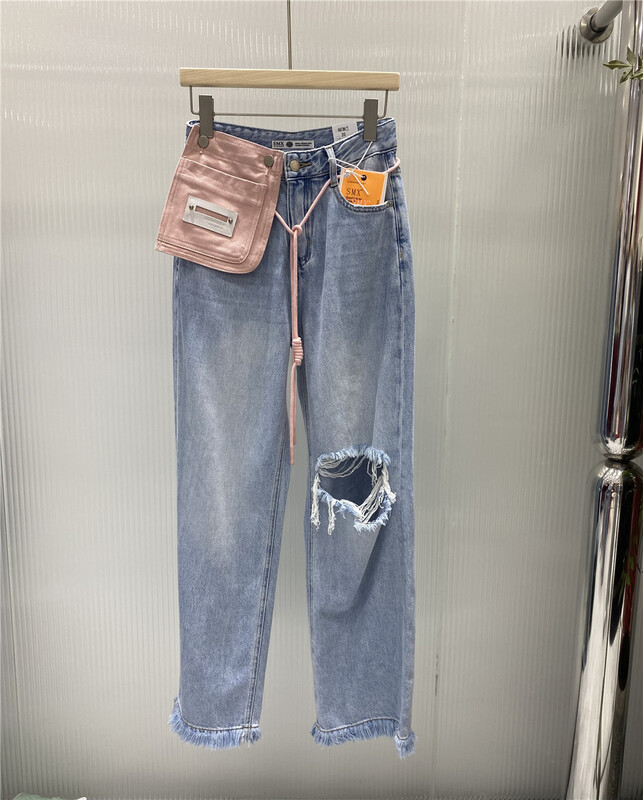 [SMX] high waist personalized pierced wide leg jeans (with waist rope and detachable pouch) 66786# XJ